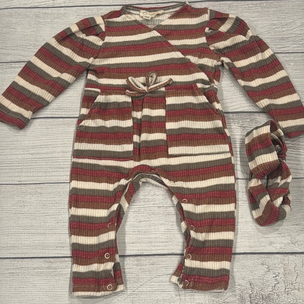Jessica Simpson Baby Girls Striped Ribbed Knit Romper with Matching Head…